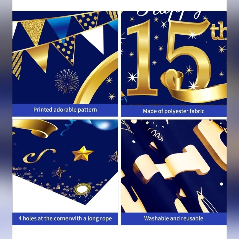 Blue and Gold 15th Birthday Banner
